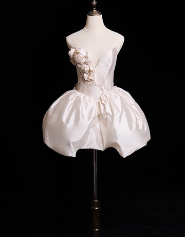 Cute A Line V Neck 3D Floral White Satin Short Homecoming Dress Birthday Dress HZ1023